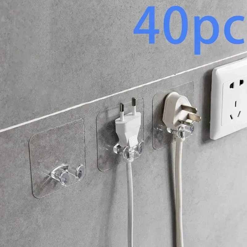 20 40pcs Hook Power Plug Bracket Tidy Hanging Rack Strong Adhesion Seamless Waterproof Kitchen Bathroom Wall Hook