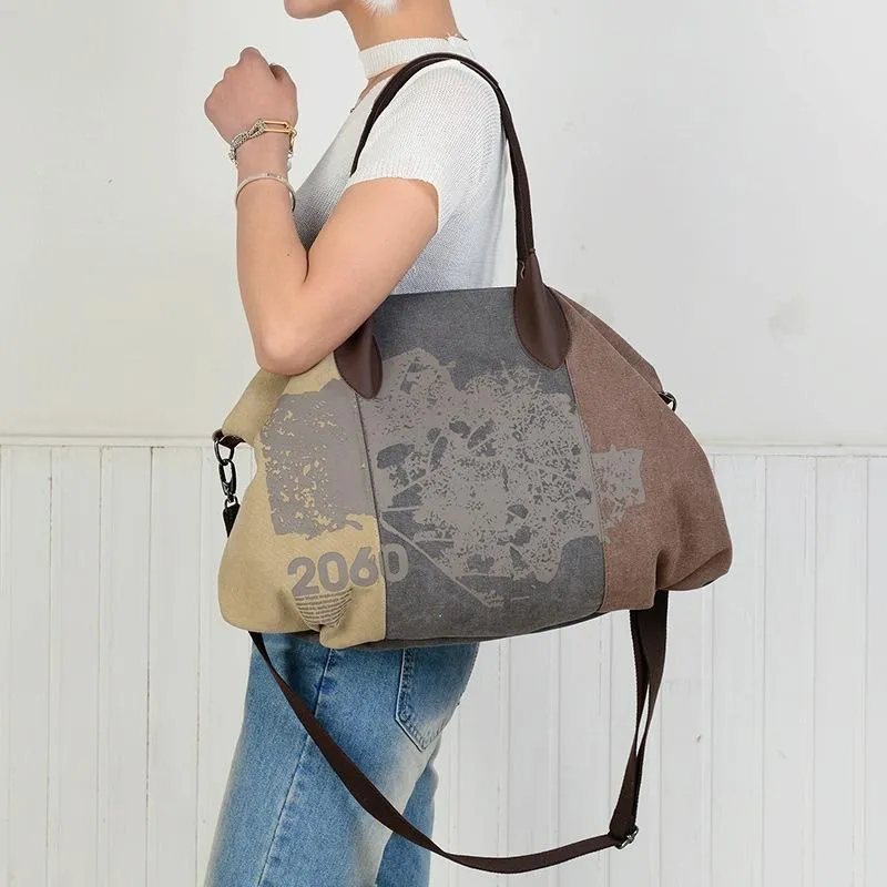 Blue Graffiti Canvas Shoulder Bag - Large Capacity