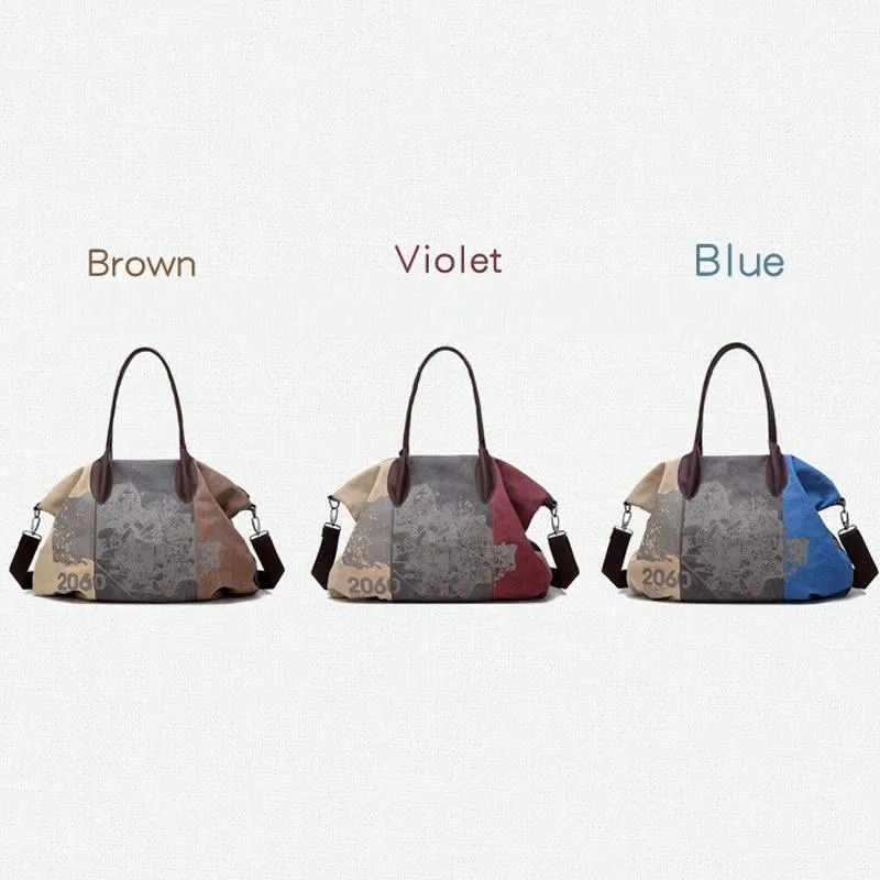 Blue Graffiti Canvas Shoulder Bag - Large Capacity