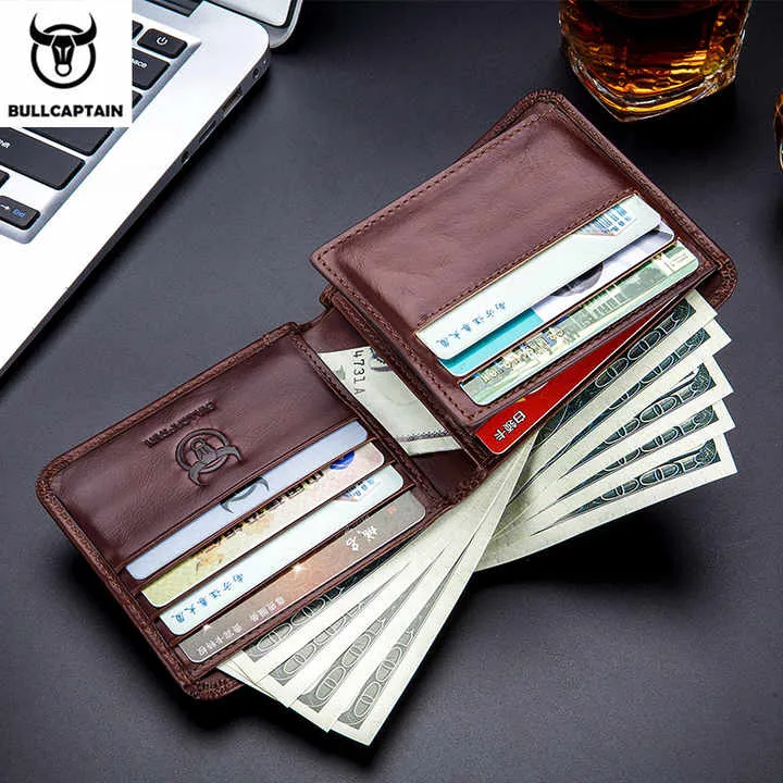 BULLCAPTAIN محافظ جلد الرجال محفظة . BULLCAPTAIN Men's Leather Wallets RFID Chip Business