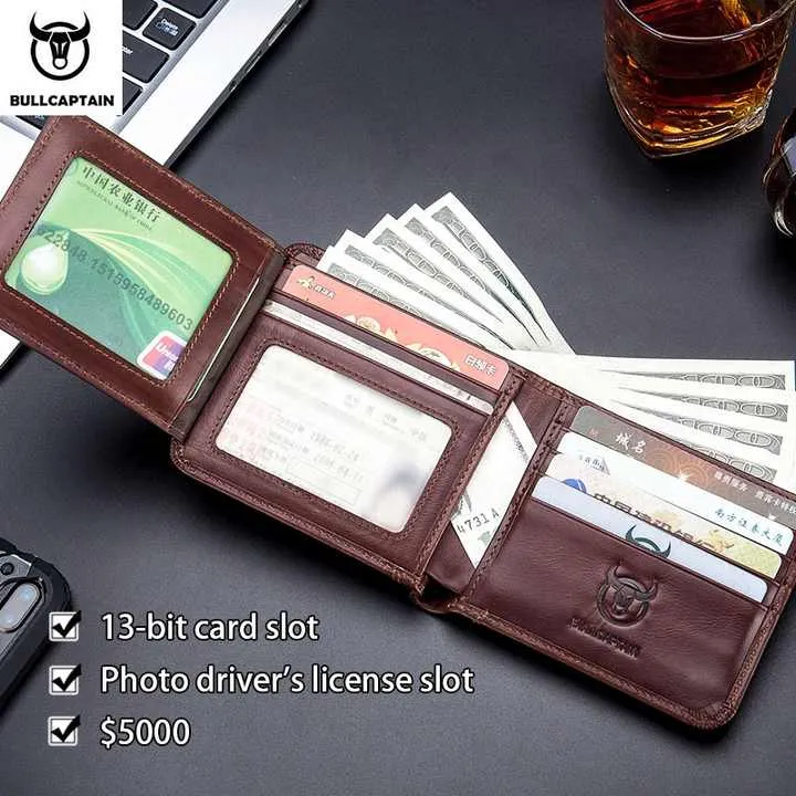 BULLCAPTAIN محافظ جلد الرجال محفظة . BULLCAPTAIN Men's Leather Wallets RFID Chip Business
