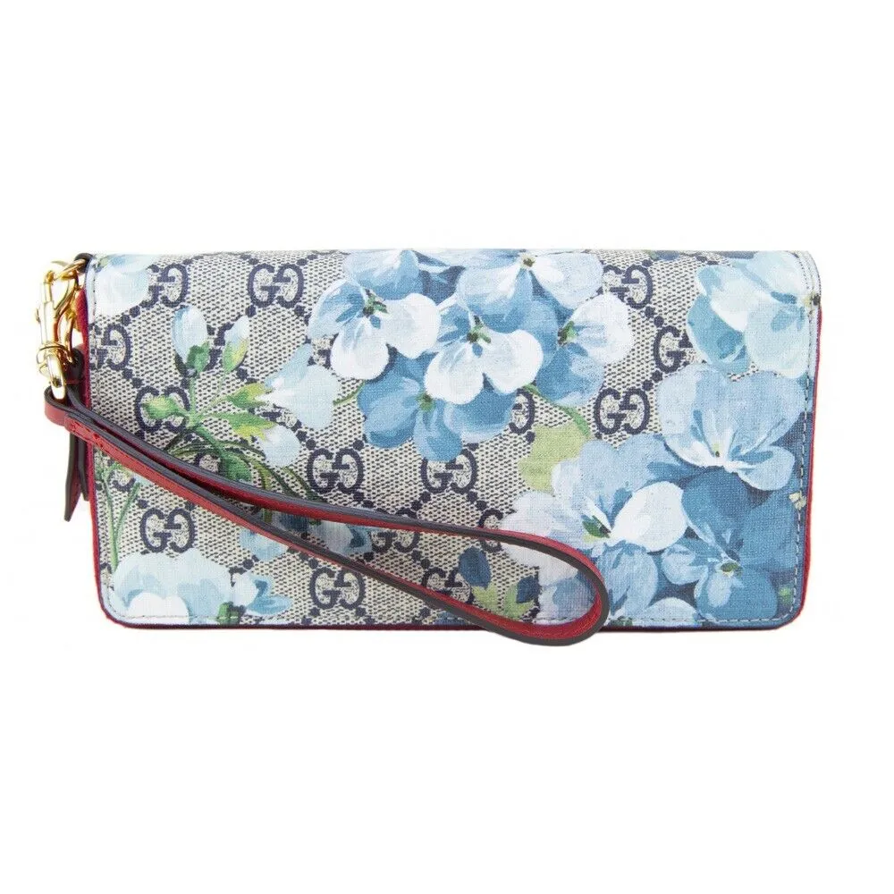 GUCCI Blooms GG Supreme Red Trim Blue Navy Flowers Zip Around Purse Wallet New