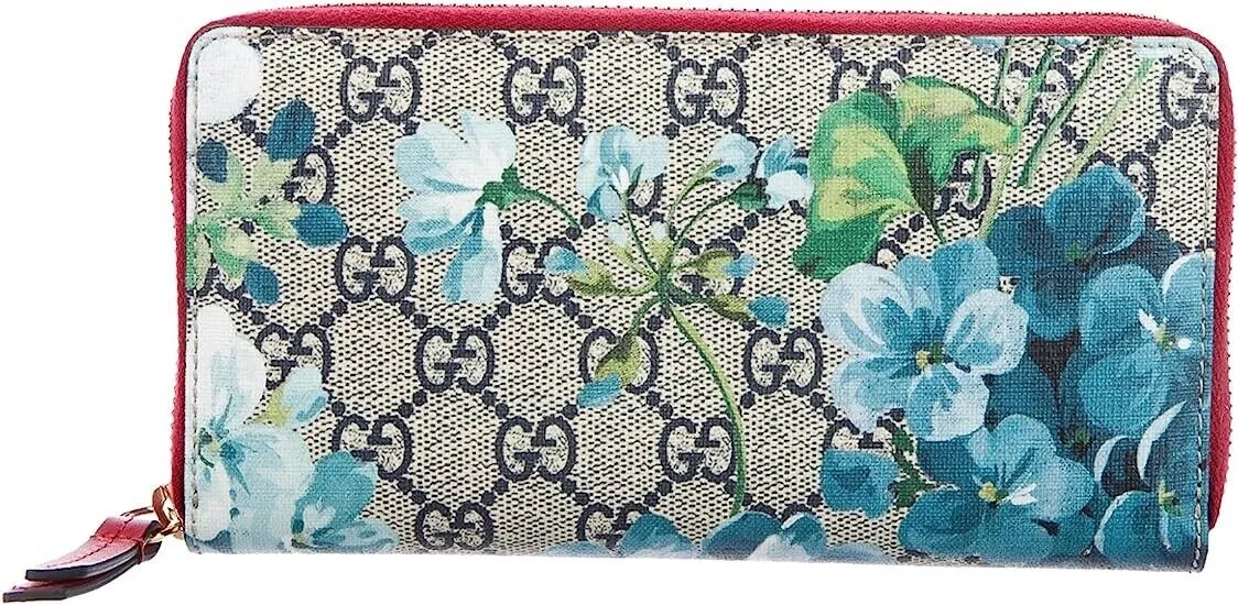 GUCCI Blooms GG Supreme Red Trim Blue Navy Flowers Zip Around Purse Wallet New