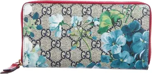 GUCCI Blooms GG Supreme Red Trim Blue Navy Flowers Zip Around Purse Wallet New