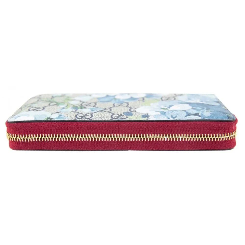 GUCCI Blooms GG Supreme Red Trim Blue Navy Flowers Zip Around Purse Wallet New