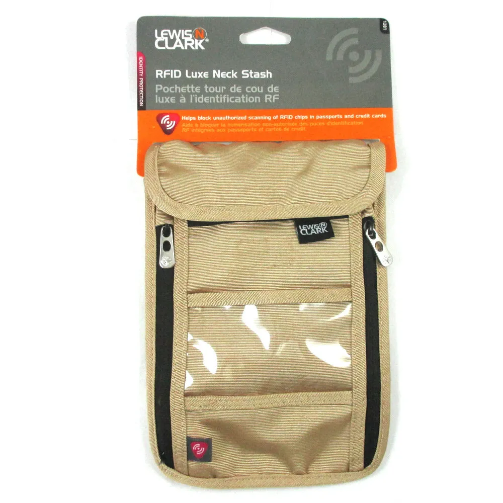 RFID Neck Stash Pouch Travel Holder Passport Id Wallet Bag Lewis N Clark Tan !